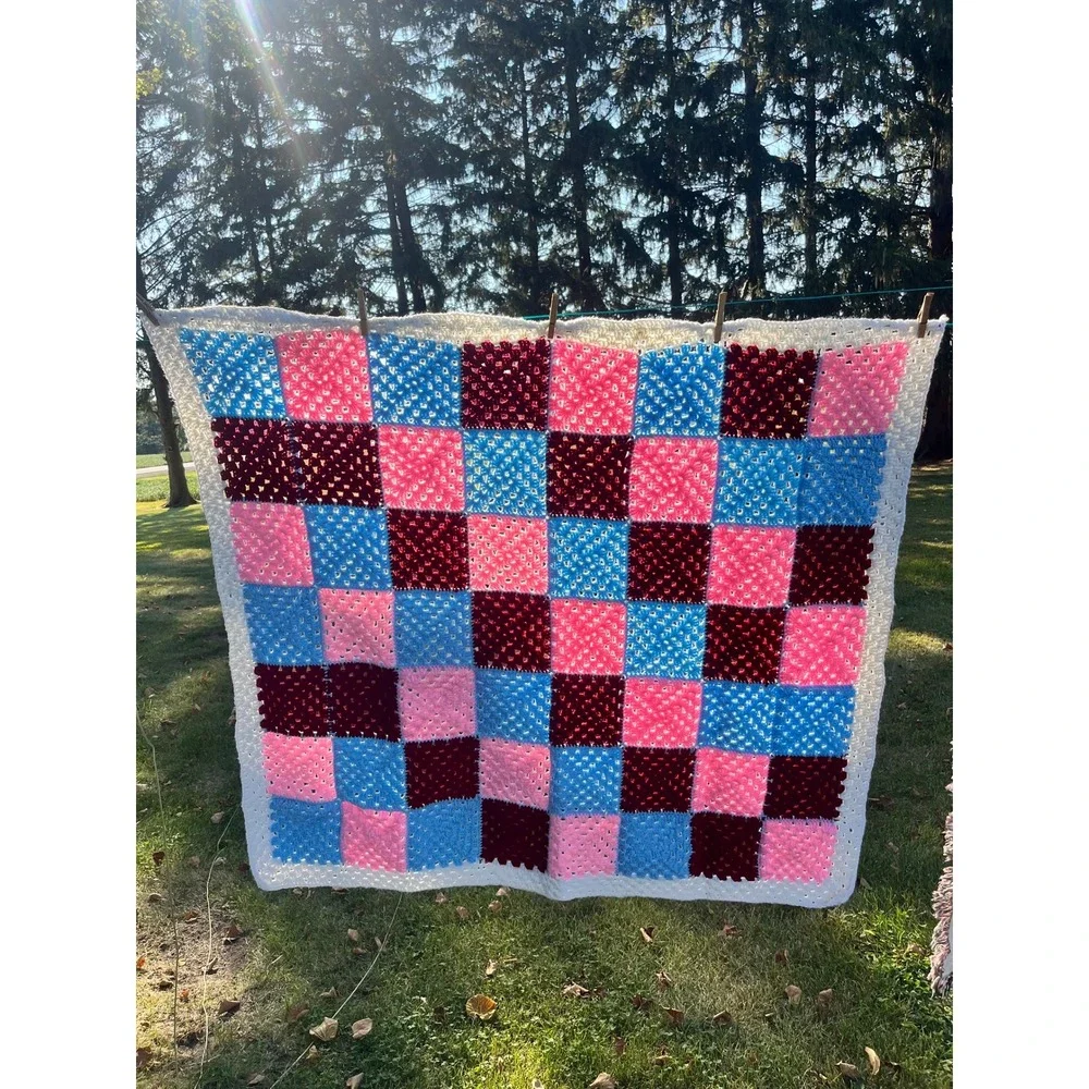 Crochet Granny Square Blanket Throw Afghan Pink Blue Burgundy Handmade 46